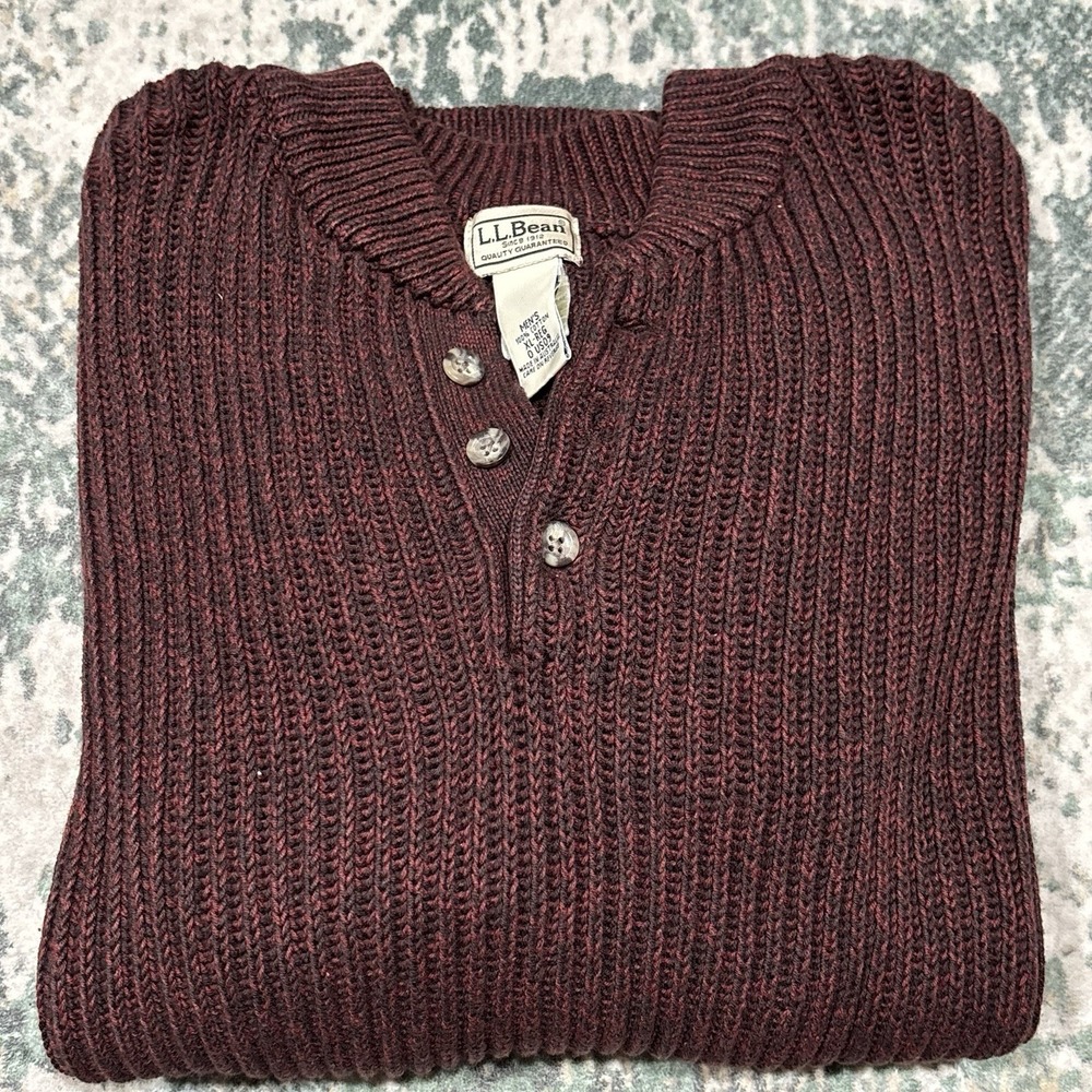 L.L.‎ Bean Sweater Mens XL Regular Burgundy Heavy Cotton Ribbed Henley